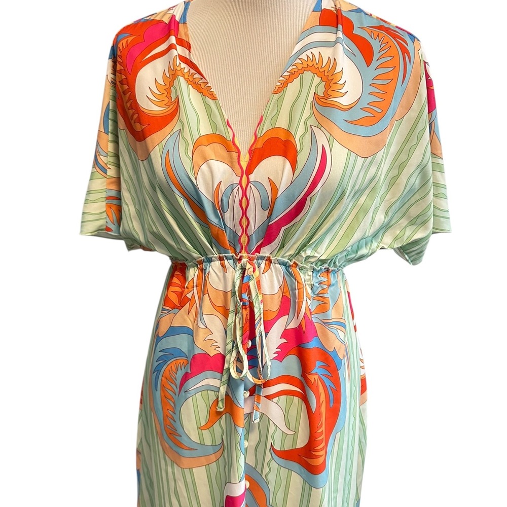 SHEIN Women's S Green Orange Abstract Print Kimono Sleeve Drawstring Maxi Dress - Picture 4 of 16